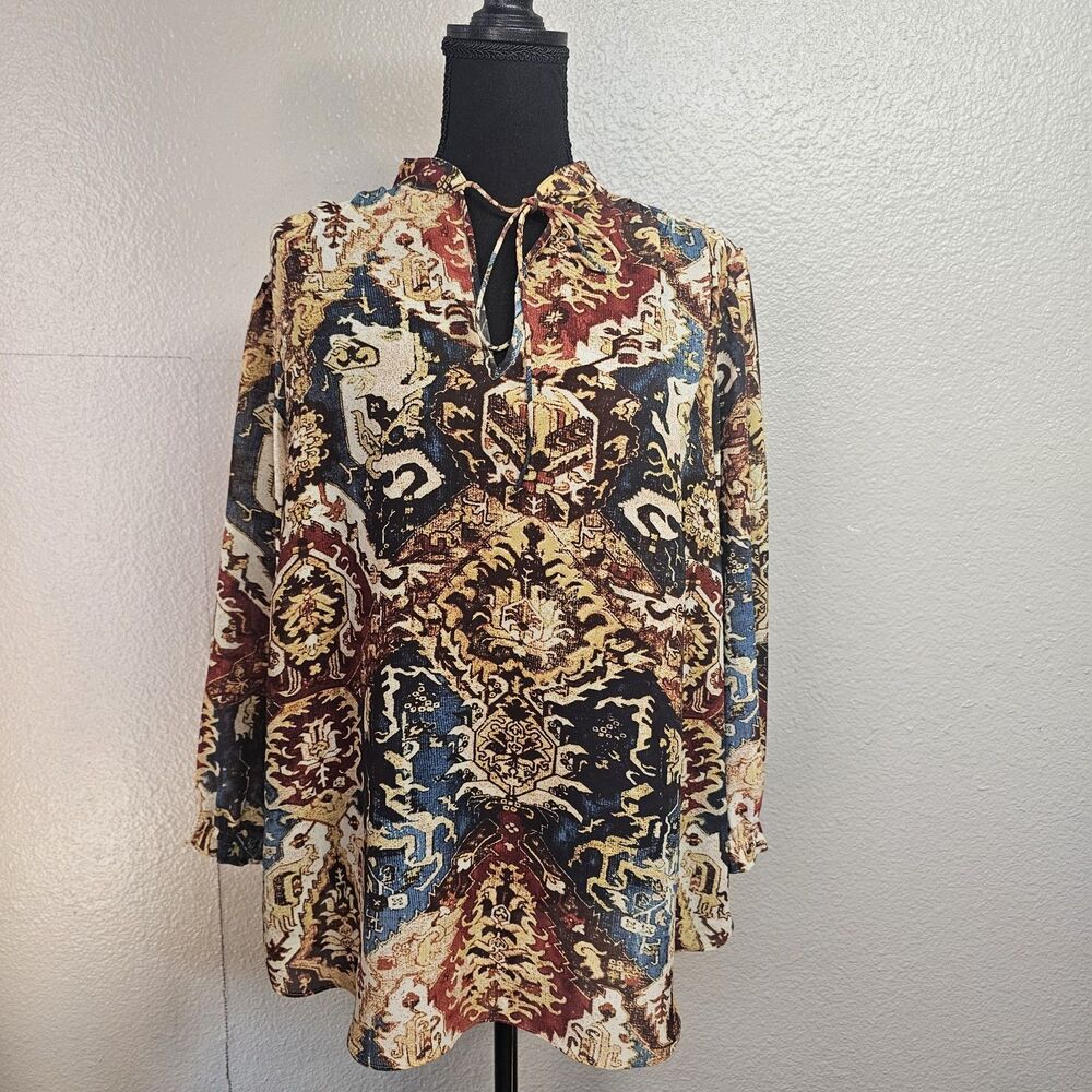 CHAPS Denim 1X Plus Sz Boho Paisley Tapestry Print Lace Up Blouse Peasant GG817